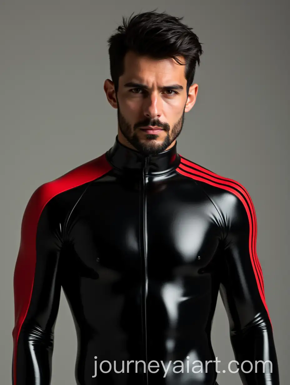 Man-in-Glossy-Black-Bodysuit-with-Bold-Red-Stripes