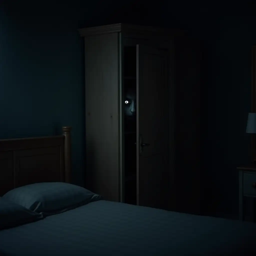 very realistic, a slightly ajar cupboard in a bedroom in the dark, with two human eyes inside the cupboard