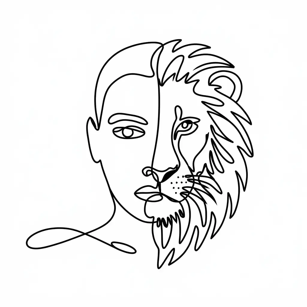 Continuous Line Art of a LionFaced Portrait on White Background