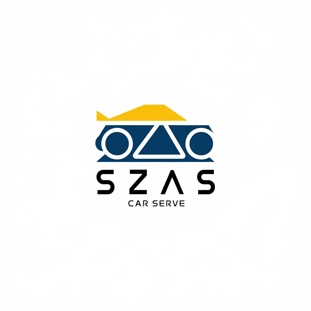 a vector logo design,with the text "SZAS", main symbol:Design a logo, transforming the four letters ‘SZAS’, aiming to convey energy, modernity and simplicity. Use negative space to create an elegant composition. Combine a blue and yellow color scheme. Display the font ‘CAR SERVE’ below, in an up-down structure.,Minimalistic,be used in Automotive industry,clear background