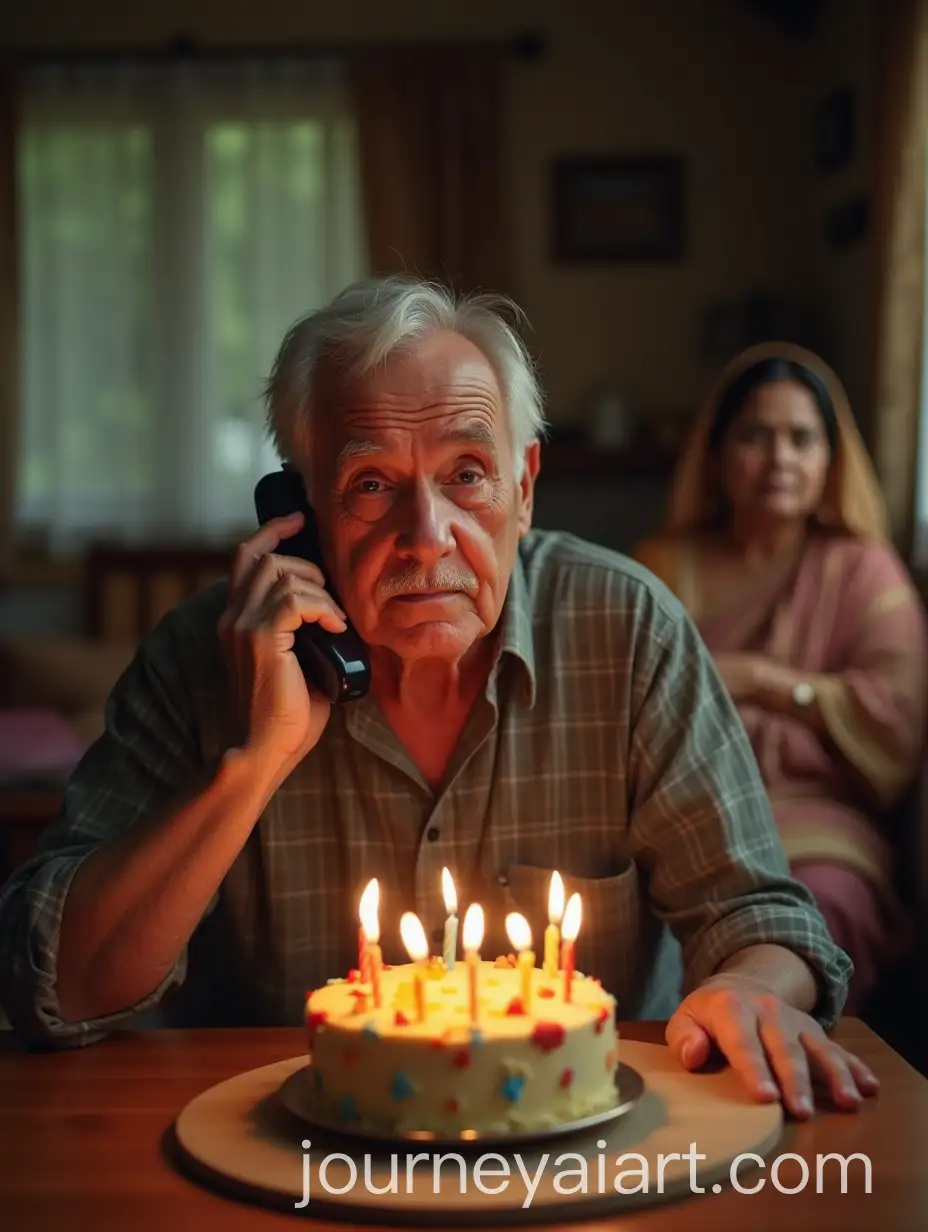 Elderly-Man-Speaking-on-the-Phone-in-Cozy-Living-Room-with-Birthday-Cake-and-Worried-Mother