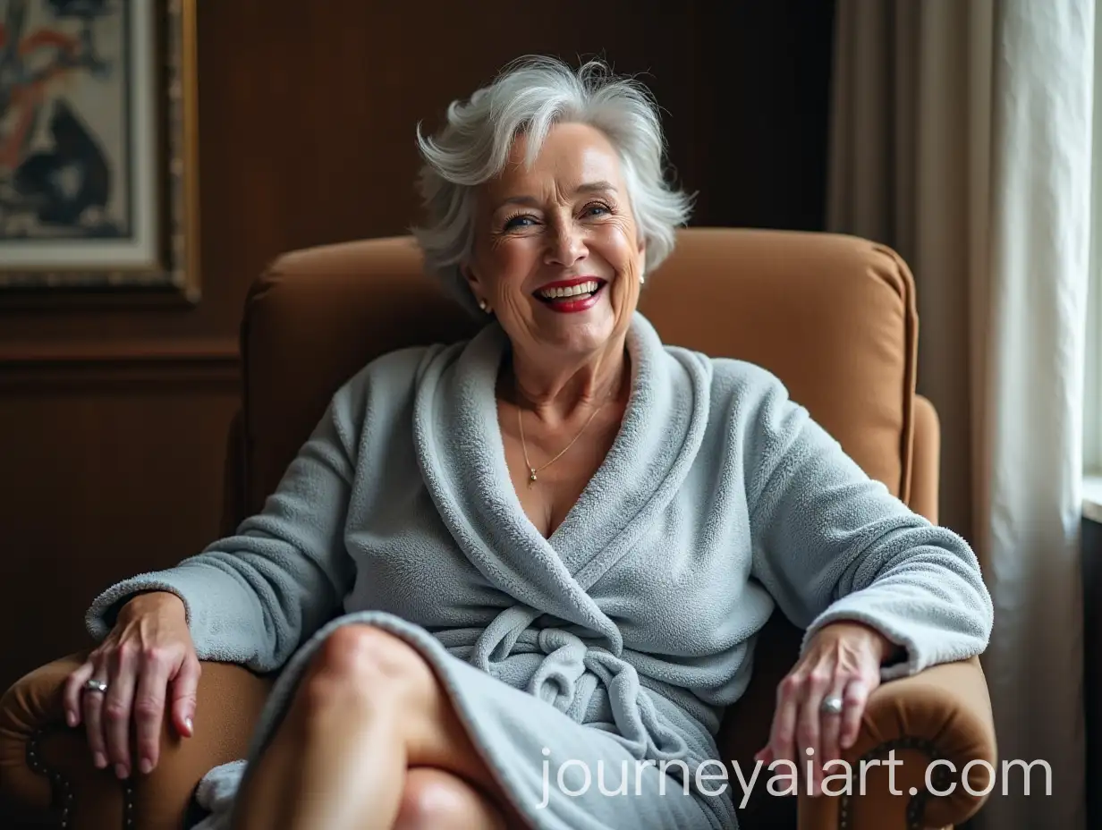 Elegant-66YearOld-Woman-Laughing-in-a-Gray-Terry-Cloth-Bathrobe