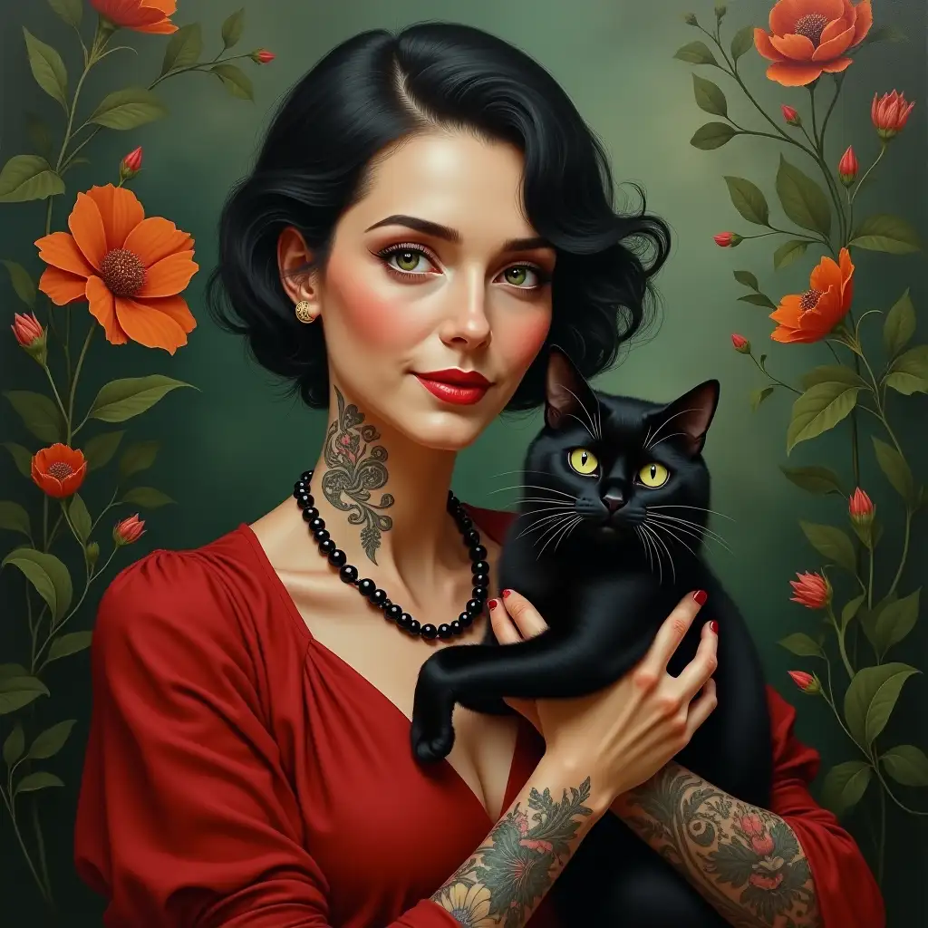 Create a painting of a woman, 60 years old, with black hair, green eyes, red blouse and a cat in her hand with a black pearl necklace and elaborate tattoo in front of a botanical garden and photorealistic love for the detail of parts and lighting.