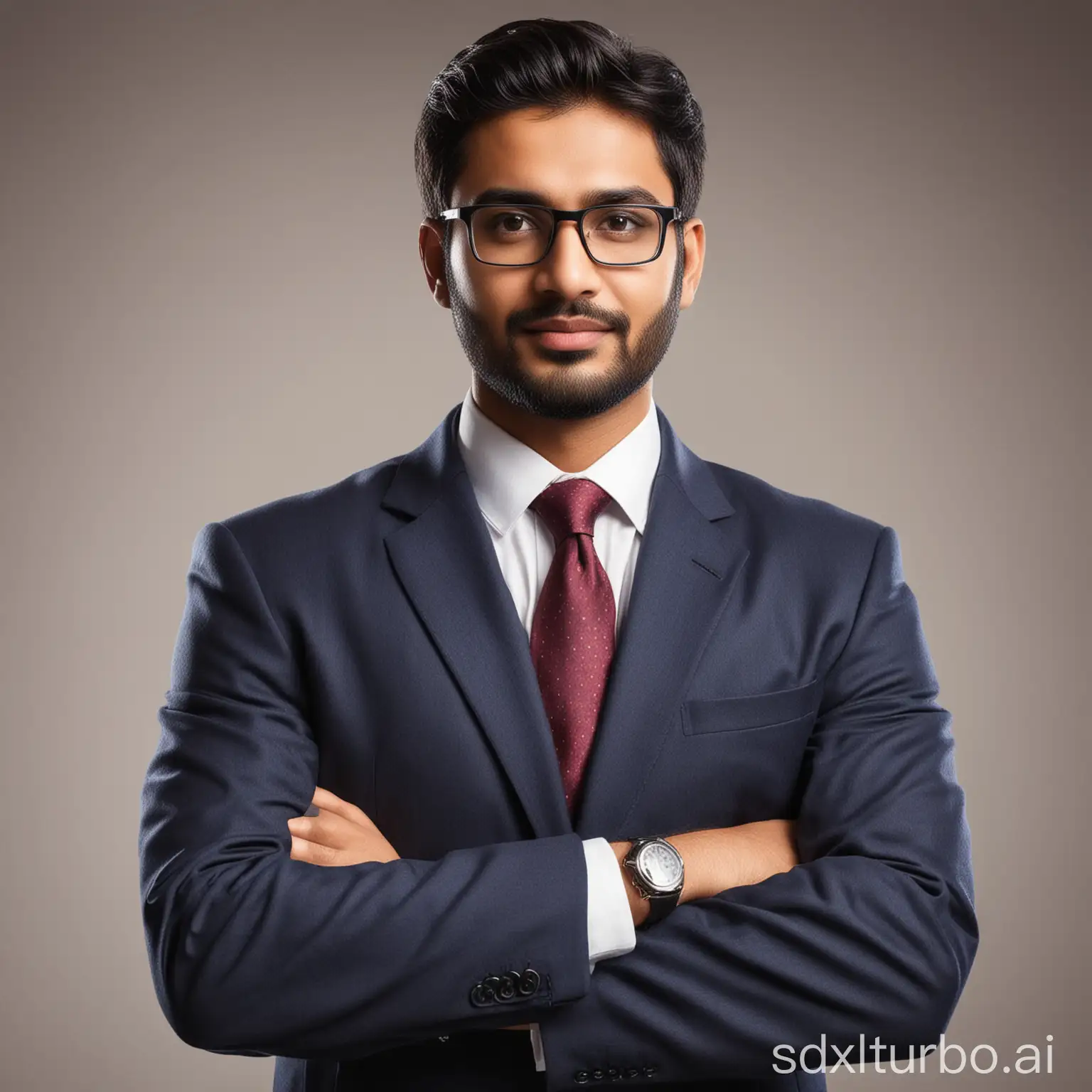 Generate an image of a corporate employee from India. The individual should be dressed in formal office clothes, like a neatly tailored suit or traditional business attire, and appear confident and approachable. He should have a light beard and wear spectacles. The individual is from the northern part of India. The background should be a neutral setting.