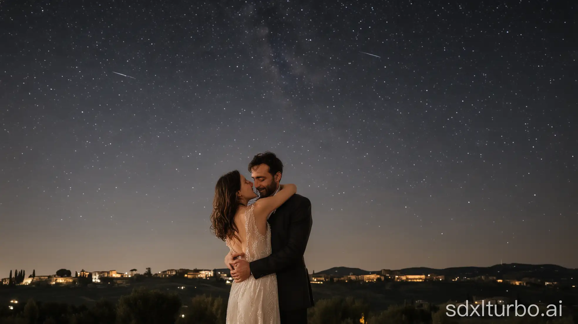 Couple embracing under a starry italian sky