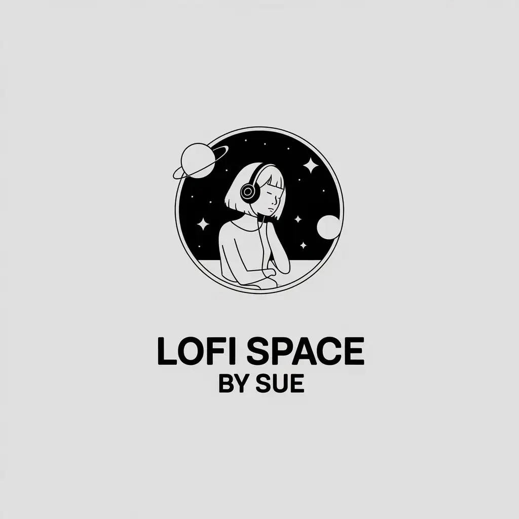 a vector logo design,with the text "Lofi Space by Sue", main symbol:Girl listening music,Minimalistic,be used in Others industry,clear background