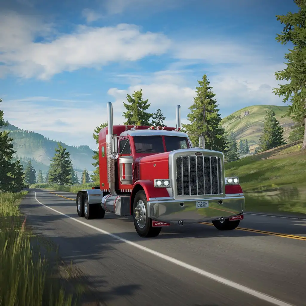 Red American Truck Driving Through Natural Landscape