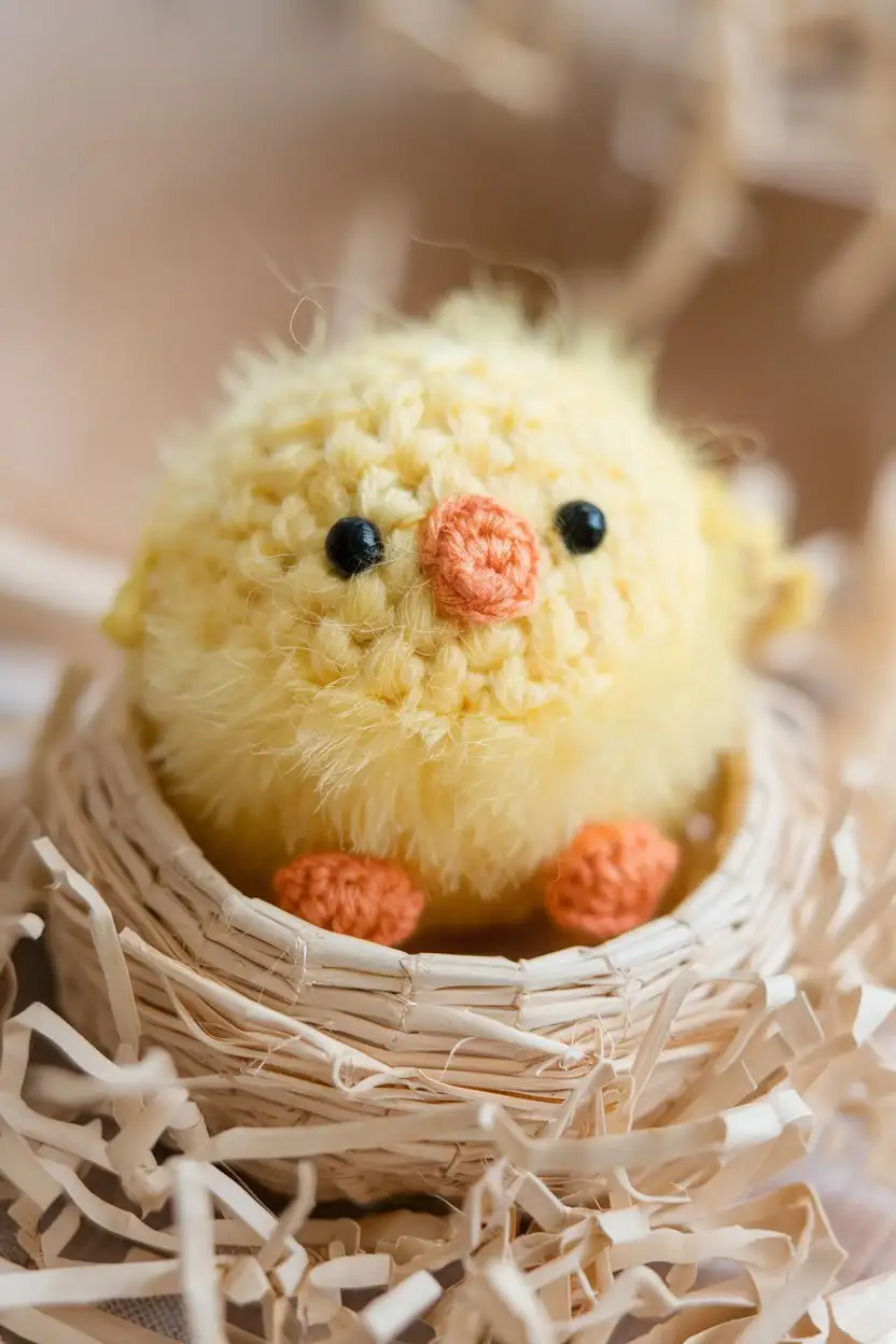 A close-up shot of a small, round crocheted chick made with fluffy yellow yarn. The chick should have tiny black bead eyes, an orange crocheted beak, and little orange feet. It should be sitting in a small, natural-colored woven nest filled with light brown shredded paper. The background should be softly blurred.