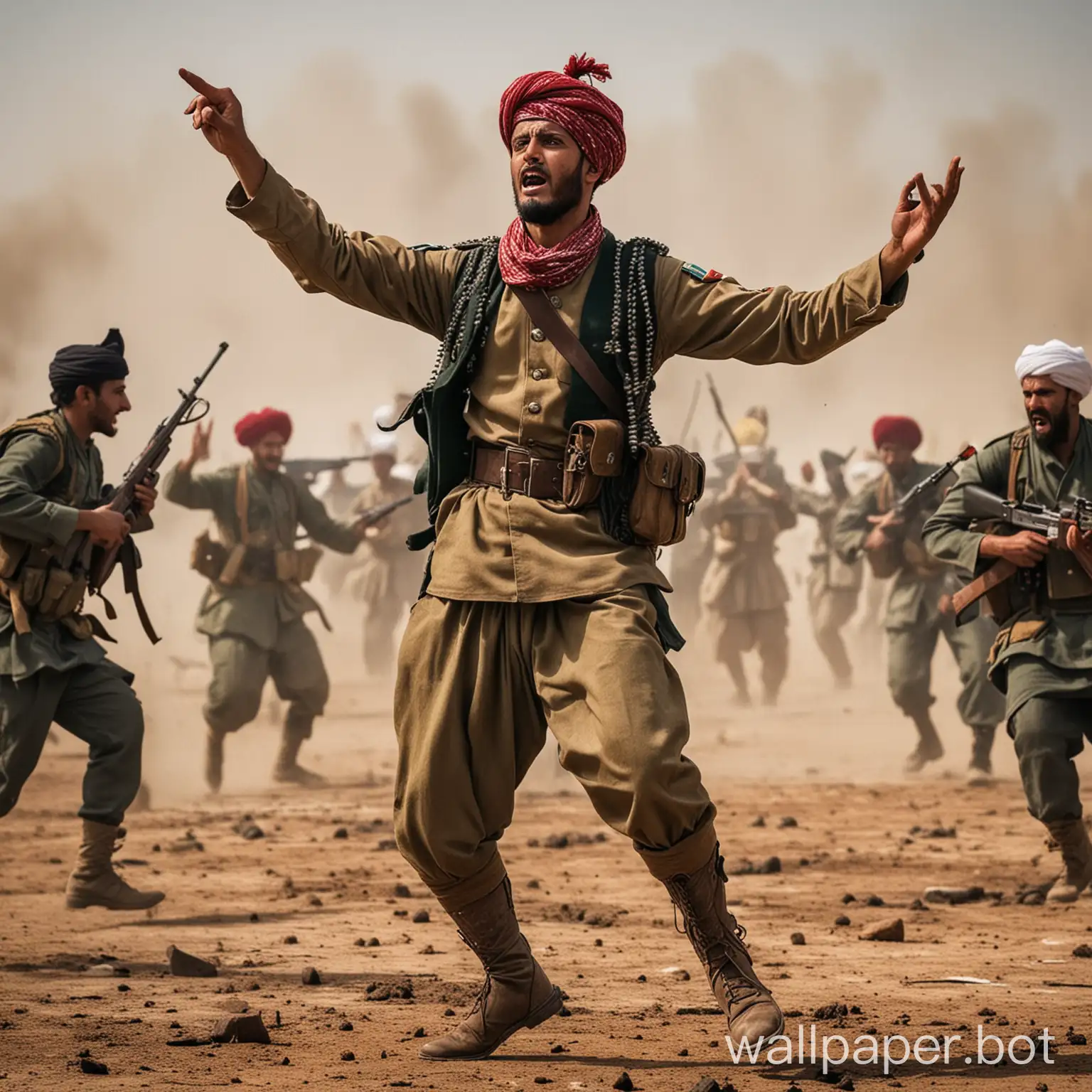 A soilder having gun in his hands, dancing in the middle of battle field with fierce battle going on from all sides.

1- Solider should have gun
2- He should be dancing like a sufi holding a gun
3- Fierce battle should be going on with a lots of bullets and bombs all sides