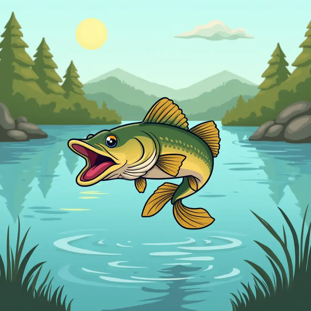 Cartoon of a gar fish jumping from the lake