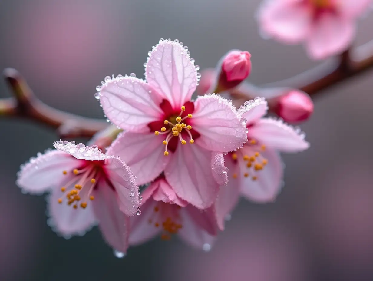 macro of dew on sakura branch