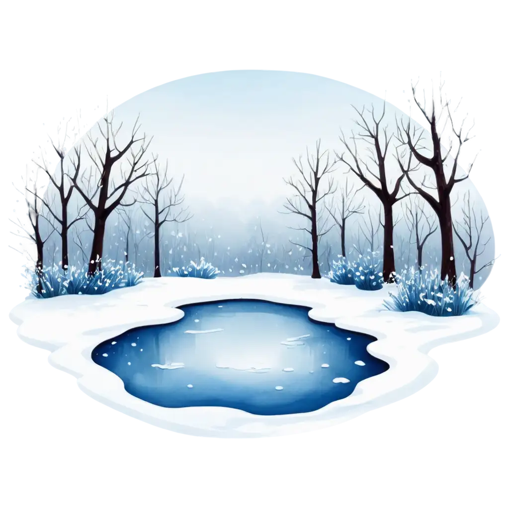 Cartoon-Winter-Scene-PNG-Small-Frozen-Pond-with-SnowCovered-Trees-and-Blue-Flowers