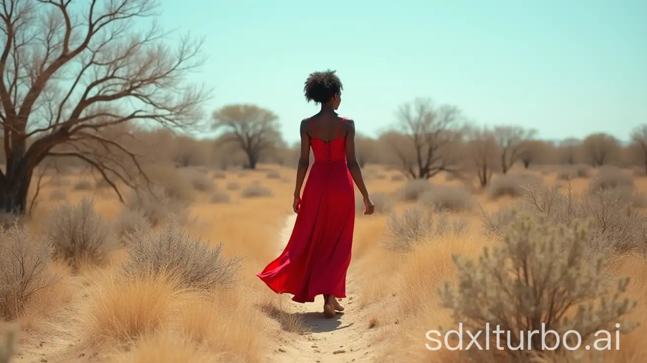 Stunning-23YearOld-Black-Woman-in-a-Vibrant-Red-Dress-Walking-Through-a-Golden-Grassy-Field