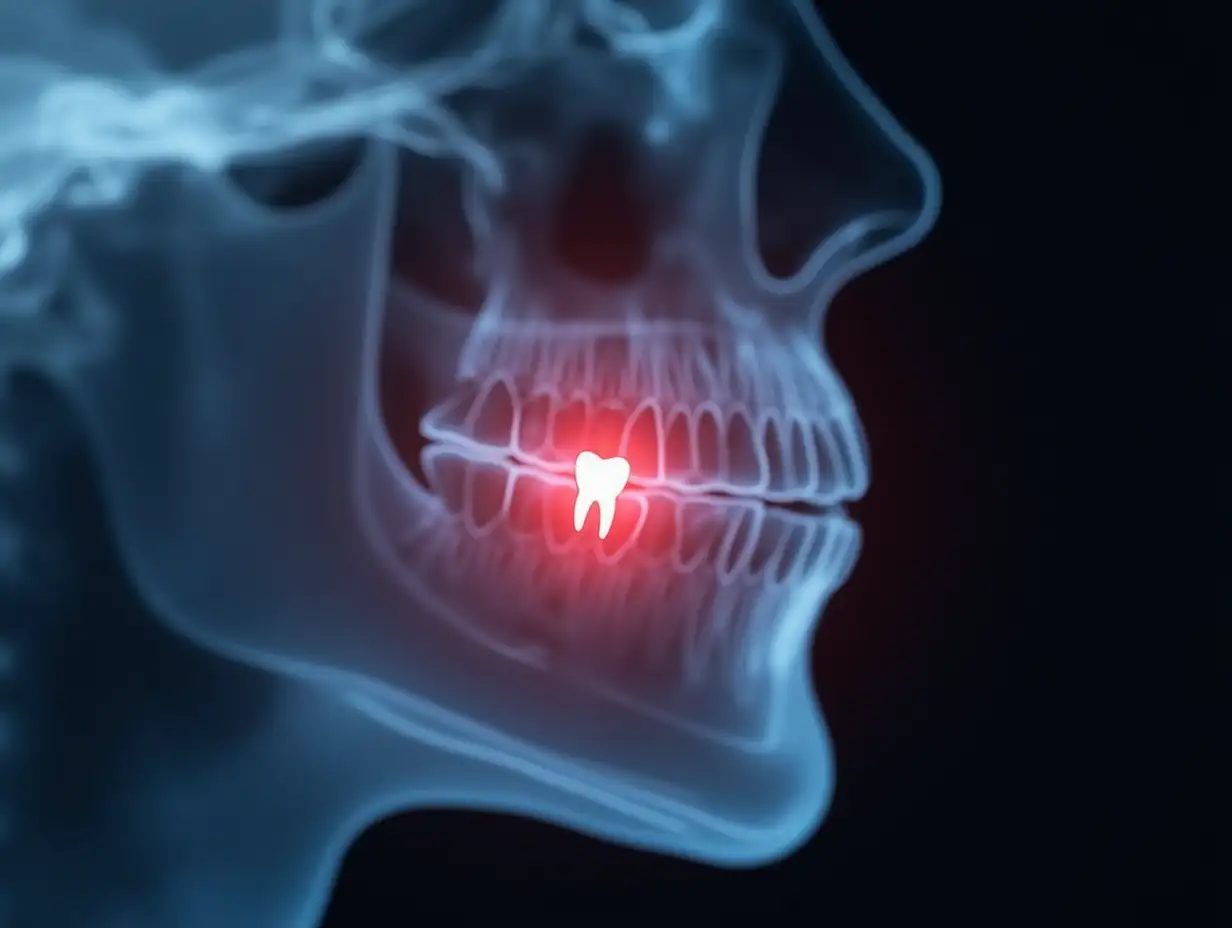 Xray-Image-of-Human-Jaw-with-Painful-Tooth-Highlighted-in-Red