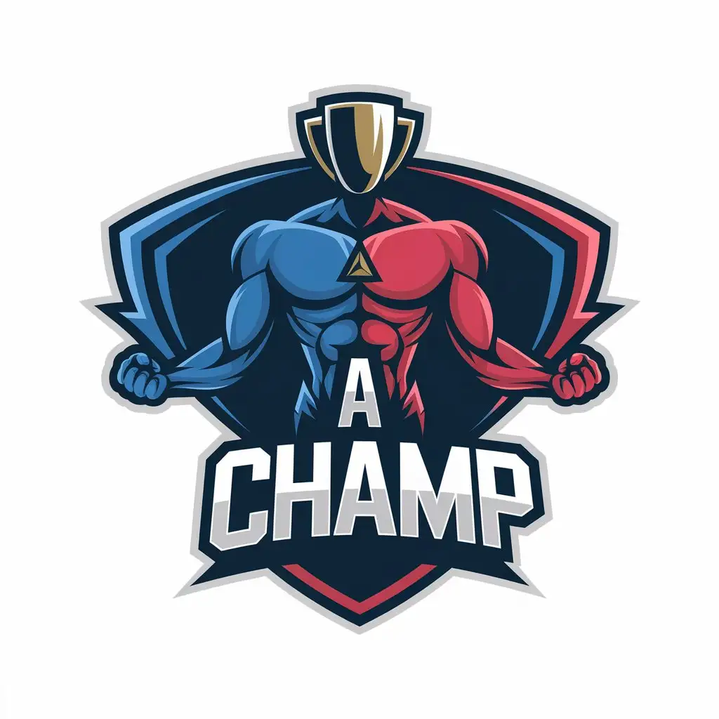 LOGO Design for A CHaMP Blue Red Fitness Symbol with Golden Trophy Head and Triangle Detail