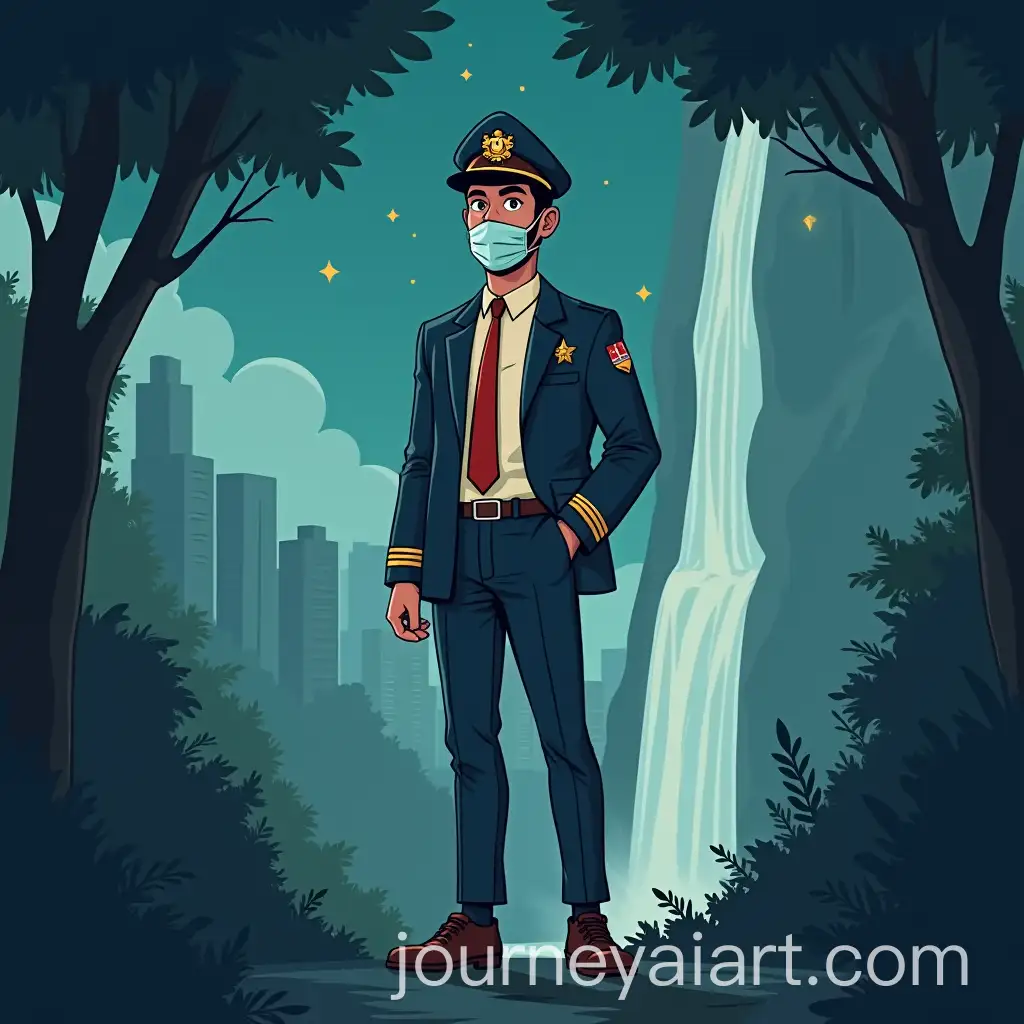 Cartoon-Airline-Pilot-with-Black-Hair-in-Front-of-Waterfall-and-Cityscape