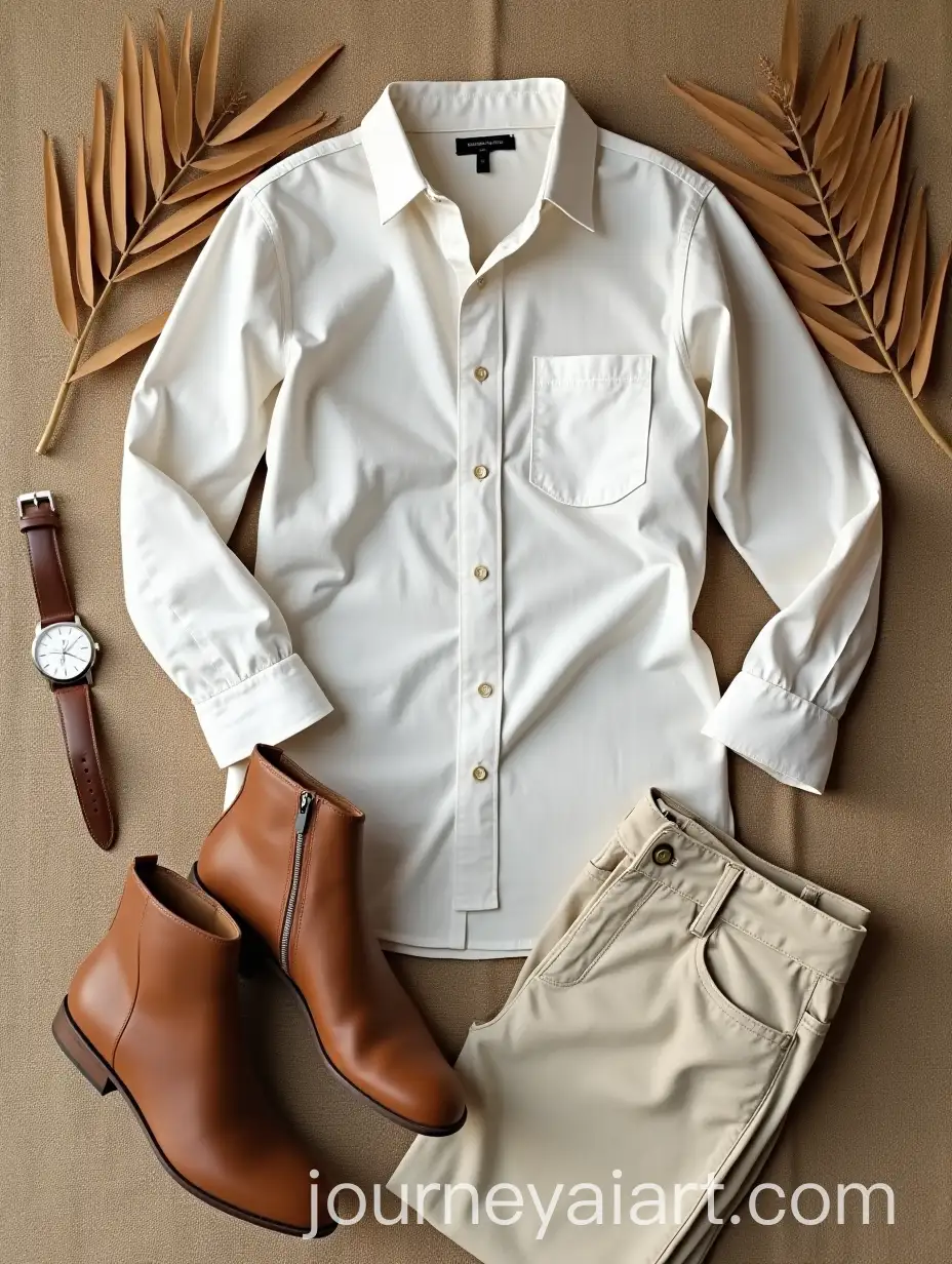 NeutralTonedAI-Image-Prompt-Expansion-Fashion-Flat-Lay-with-Linen-Shirt-Desert-Boots-and-Leather-Watch