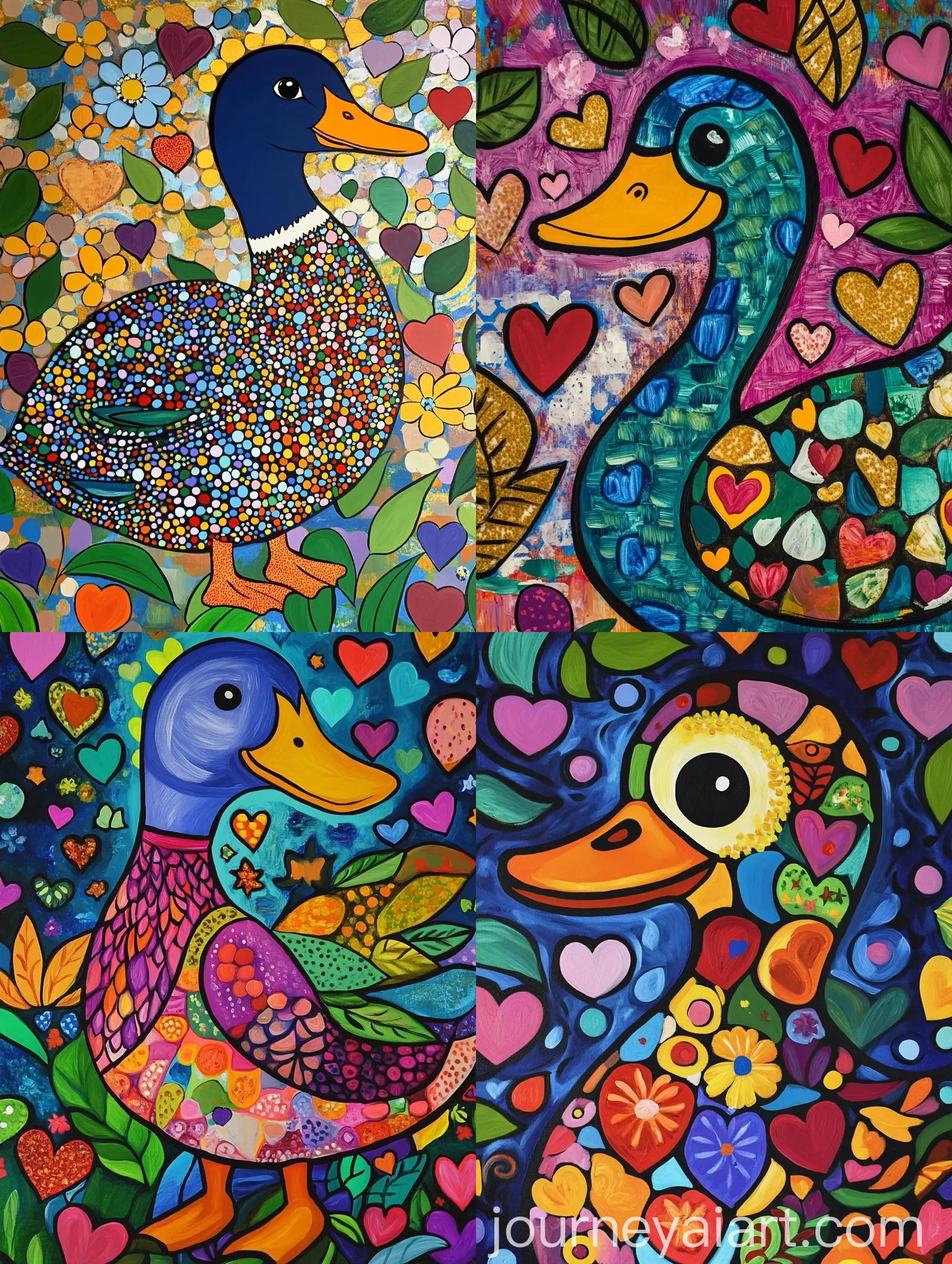 KlimtInspired-Painting-of-Duck-with-Hearts-Stars-Leaves-and-Flowers