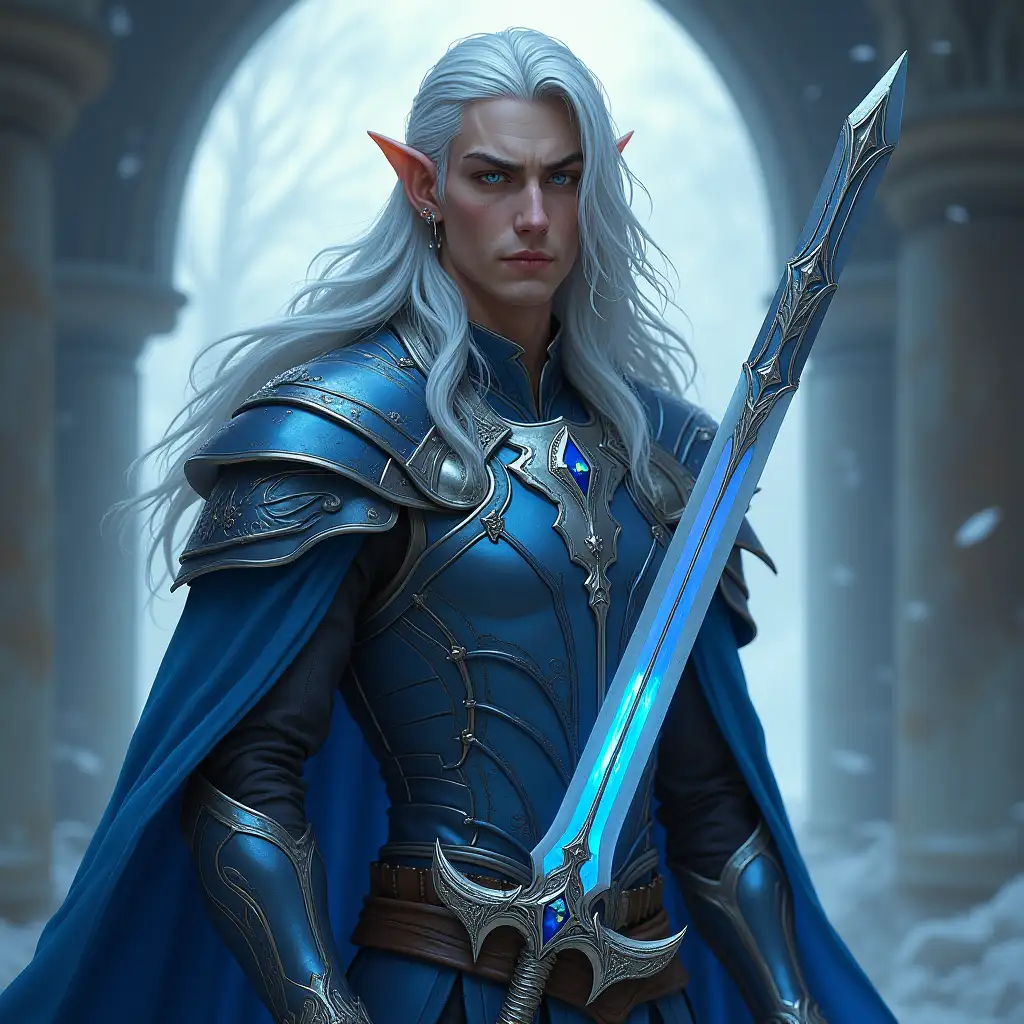 Handsome Moon Elf Prince in Silver Armor with Glass Sword