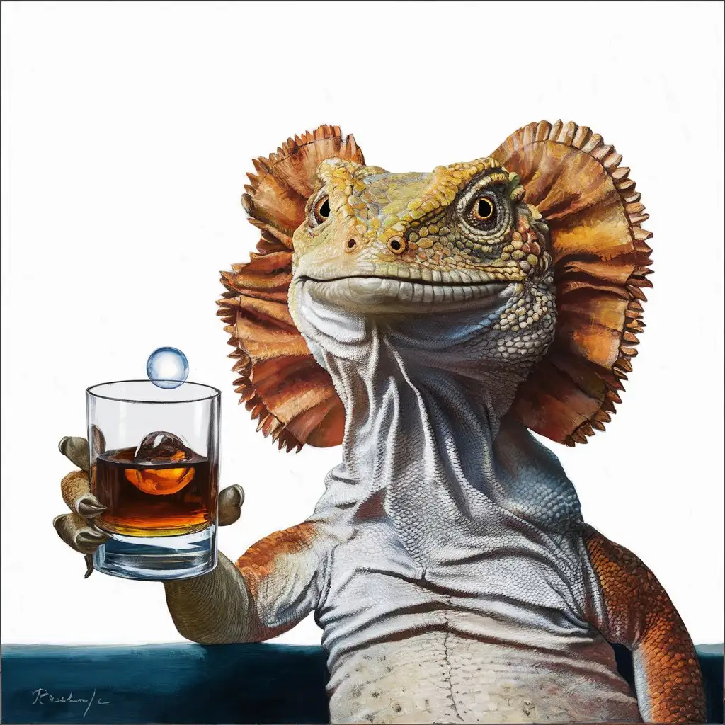 Frilledneck Lizard Holding Whiskey Glass in Isolated Oil Painting