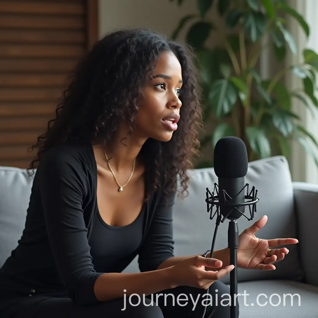 Young-Black-Woman-Speaking-into-Microphone-on-Grey-Sofa