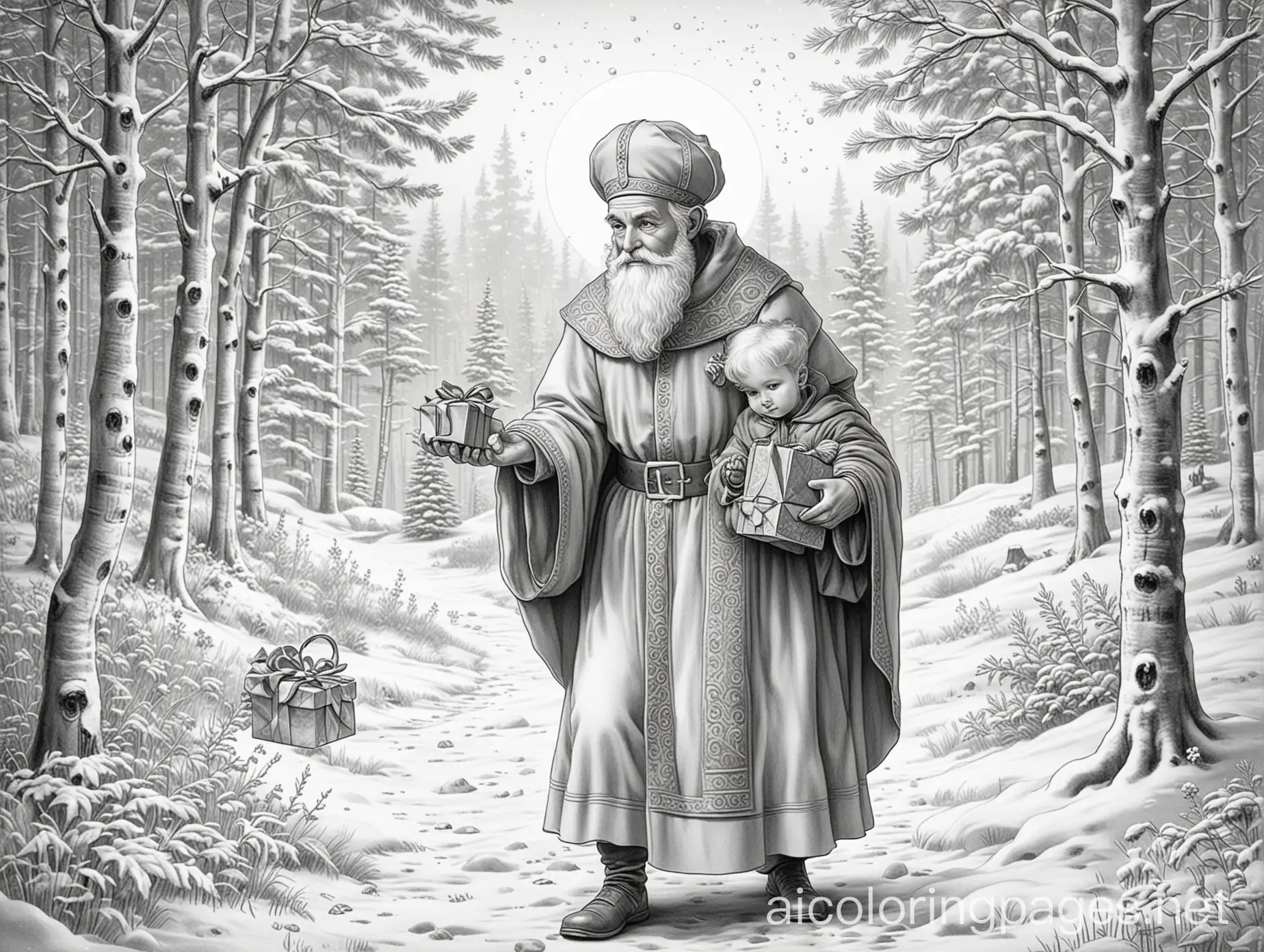 KindHearted-St-Nicholas-Giving-a-Gift-to-a-Child-in-Snowy-Winter-Scene