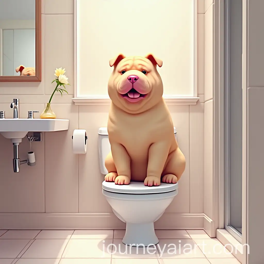 Shar-Pei-Dog-on-Modern-Toilet-in-Aesthetic-Bathroom-with-Ambient-Lighting