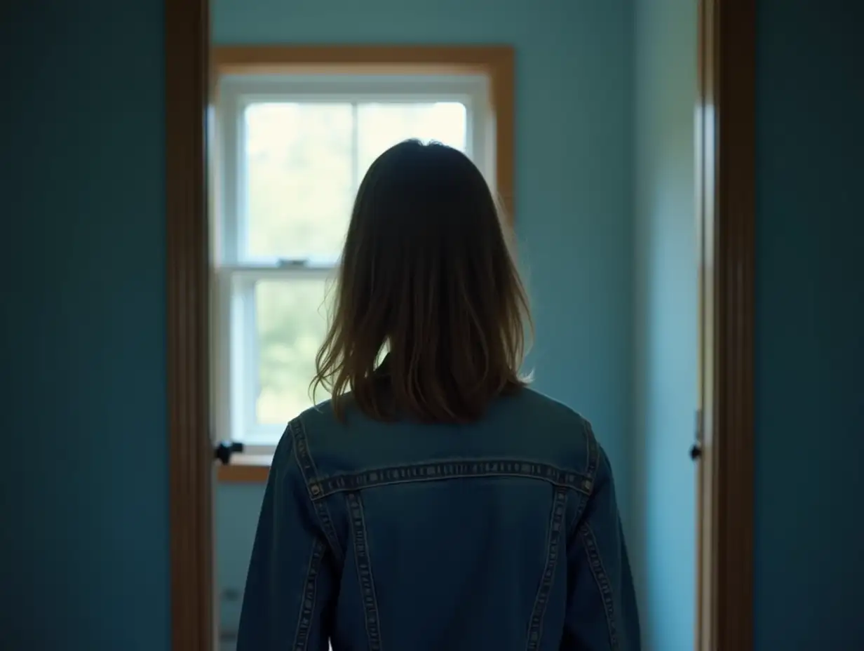 Young-Woman-Entering-a-Room-with-Blue-Walls-and-Open-Door