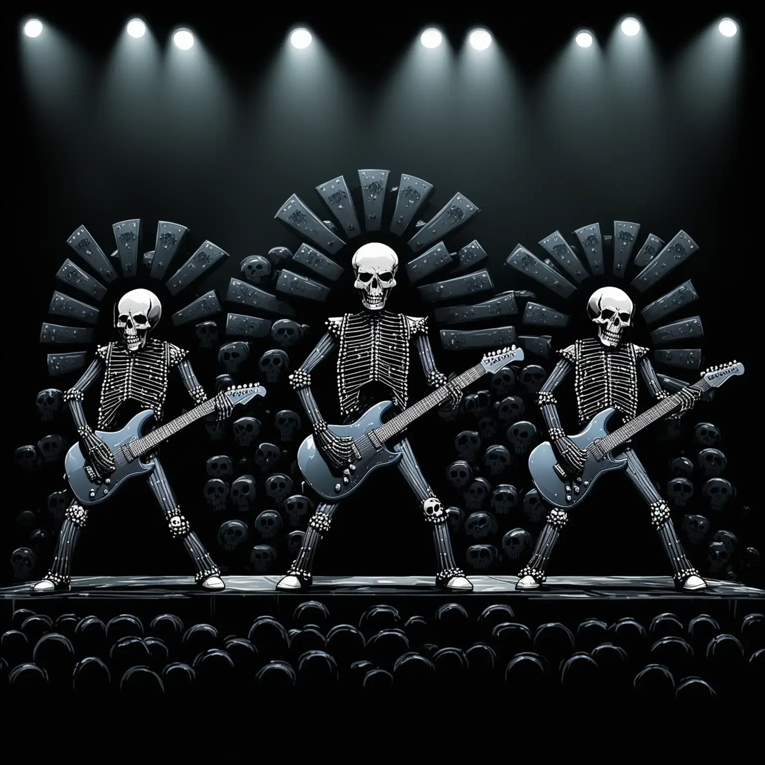 Dark Stage with Skulls Playing Electric Guitars for Fans