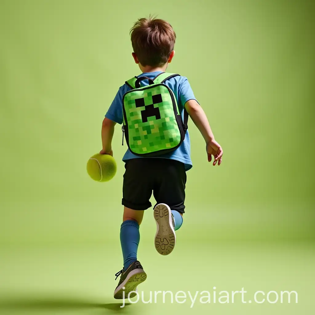 Young-Boy-Jumping-with-Minecraft-Bag-and-Football-Shirt-Carrying-a-Tennis-Ball