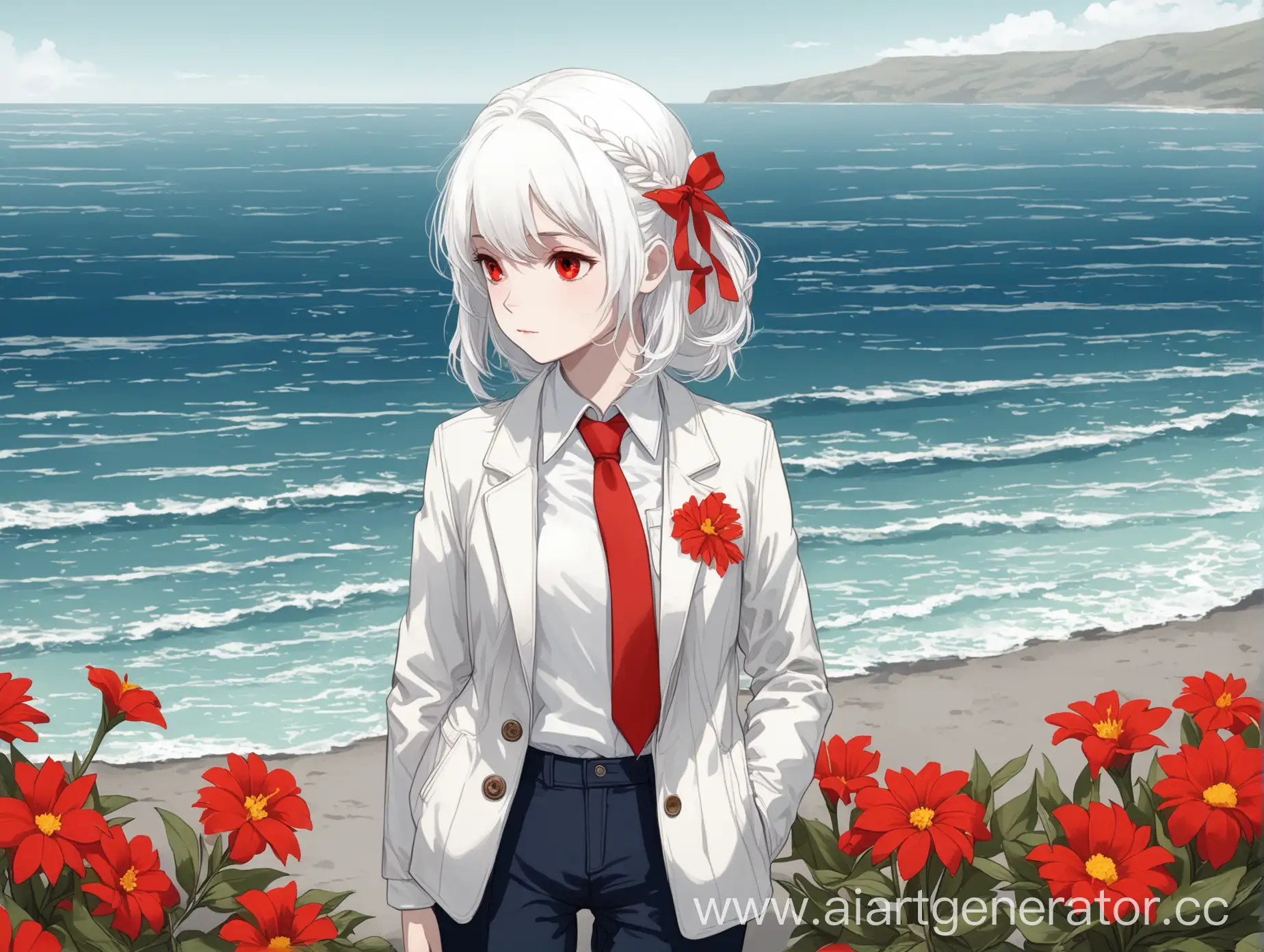 Elegant-Girl-with-White-Hair-and-Red-Ribbons-by-the-Sea