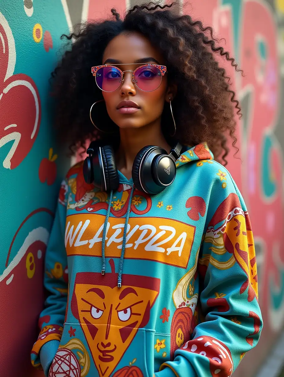 A captivating and ultra-realistic-style portrait of a trendy Italian women. She stands confidently against a graffiti-covered wall, wearing a vibrant, eye-catching hoodie adorned with cartoon-themed designs and the bold text 'WLAPIZZA.' Her stylish eyeglasses reflect the surrounding colors, while large headphones rest comfortably around her neck. The image exudes a sports poster vibe, blending a doodle art aesthetic with influences from Moebius, glitch art, and ukiyo-e. The composition is both dynamic and visually striking, capturing the essence of modern street culture with an authentic, lifelike quality.