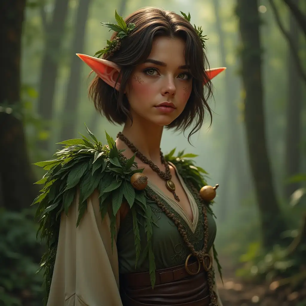 Elf druid, druid costume made of forest materials, short brown hair, tanned skin, pointed ears, realistic style, forest