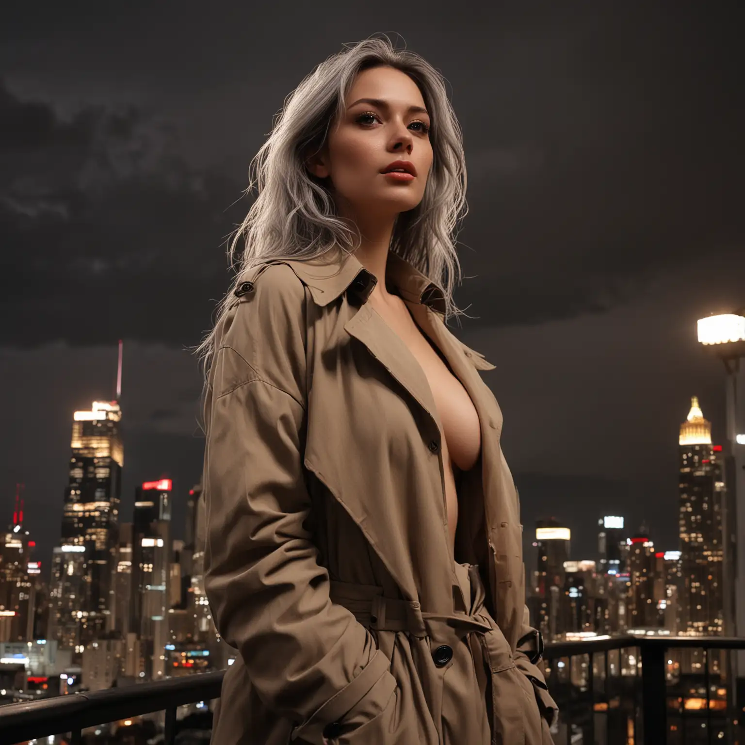 nsfw, inked, comic book style, lineart, dynamic angle, close-up portrait at a low angle of a thin woman (40 years old), with very long gray hair that blows from the wind, standing on a balcony with the skyscrapers of the city in the background a (night:1.4), The background is filled with a dramatic, ominous sky, with dark clouds looming and a setting sun casting a warm, orange glow. wearing an open jacket (long trench: 1.2), naked, under a bare jacket, small breasts, sagging breasts, realistic breasts, detailed and very detailed face, detailed eyes, complex eyes, full lips, makeup, eyeliner in line, (very detailed skin, skin details), spectacular lighting , evening, sharp focus, 8k UHD, digital SLR, high quality, grainy film, black linear graphics, lowangleview-3000