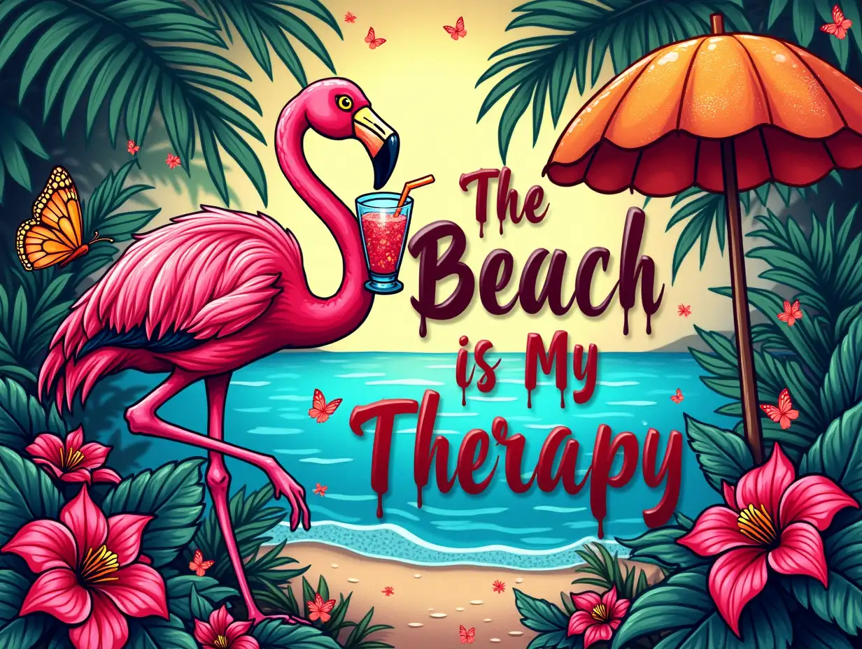 Vector illustration, Art style: stained glass, Glitter. Create an image of a vibrant pink flamingo surrounded by a tropical paradise. The flamingo should be adorned with flowers and glitter, and sipping on a refreshing drink. Butterflies should flutter around the scene, and a beach umbrella should provide shade. The text 'The Beach is My Therapy' should be written in bold, cursive lettering, with a dripping paint effect. The background should be filled with glitter and other decorative elements.