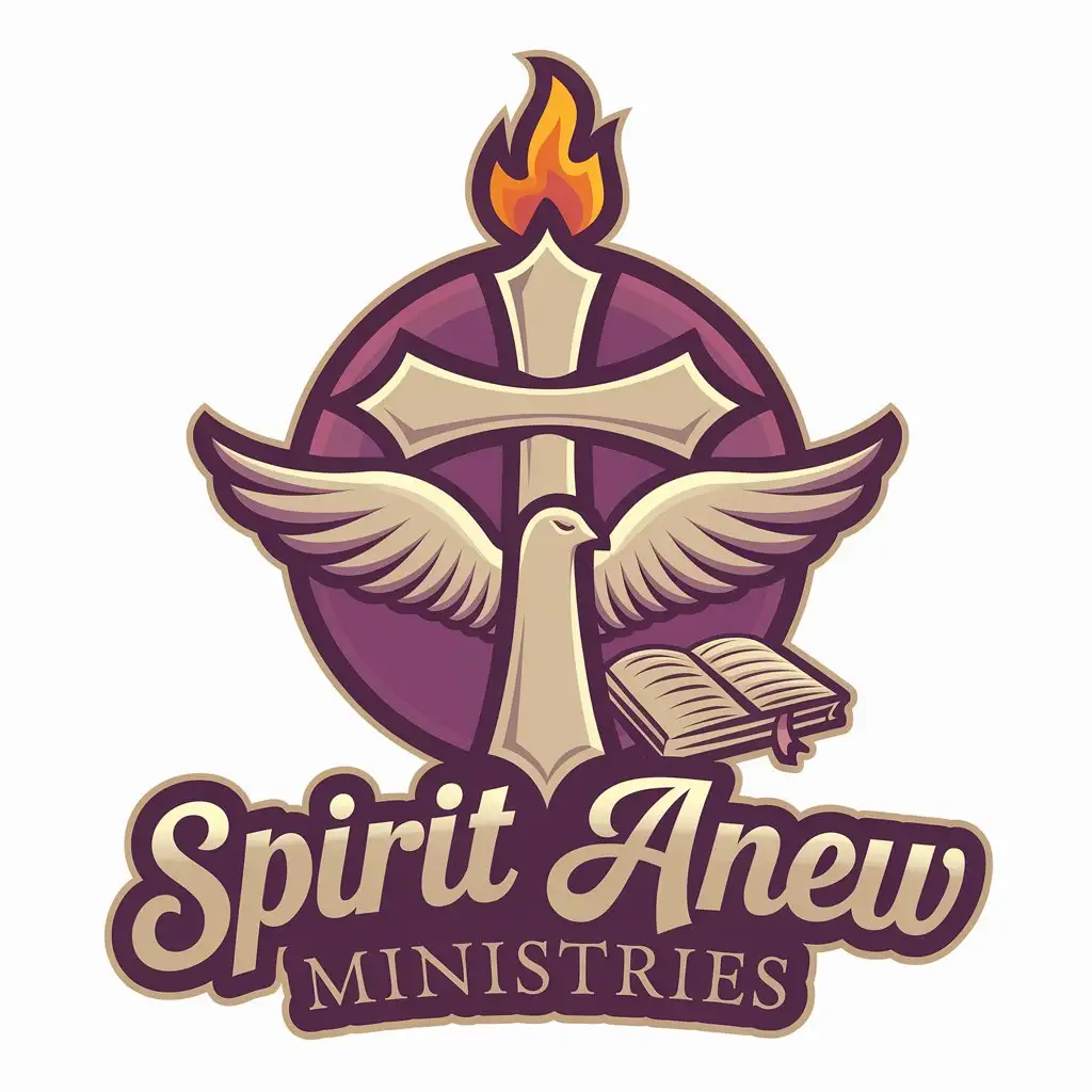 LOGO Design for Spirit Anew Ministries Modern Cross Bible Dove and Fire in Purple Gold and White