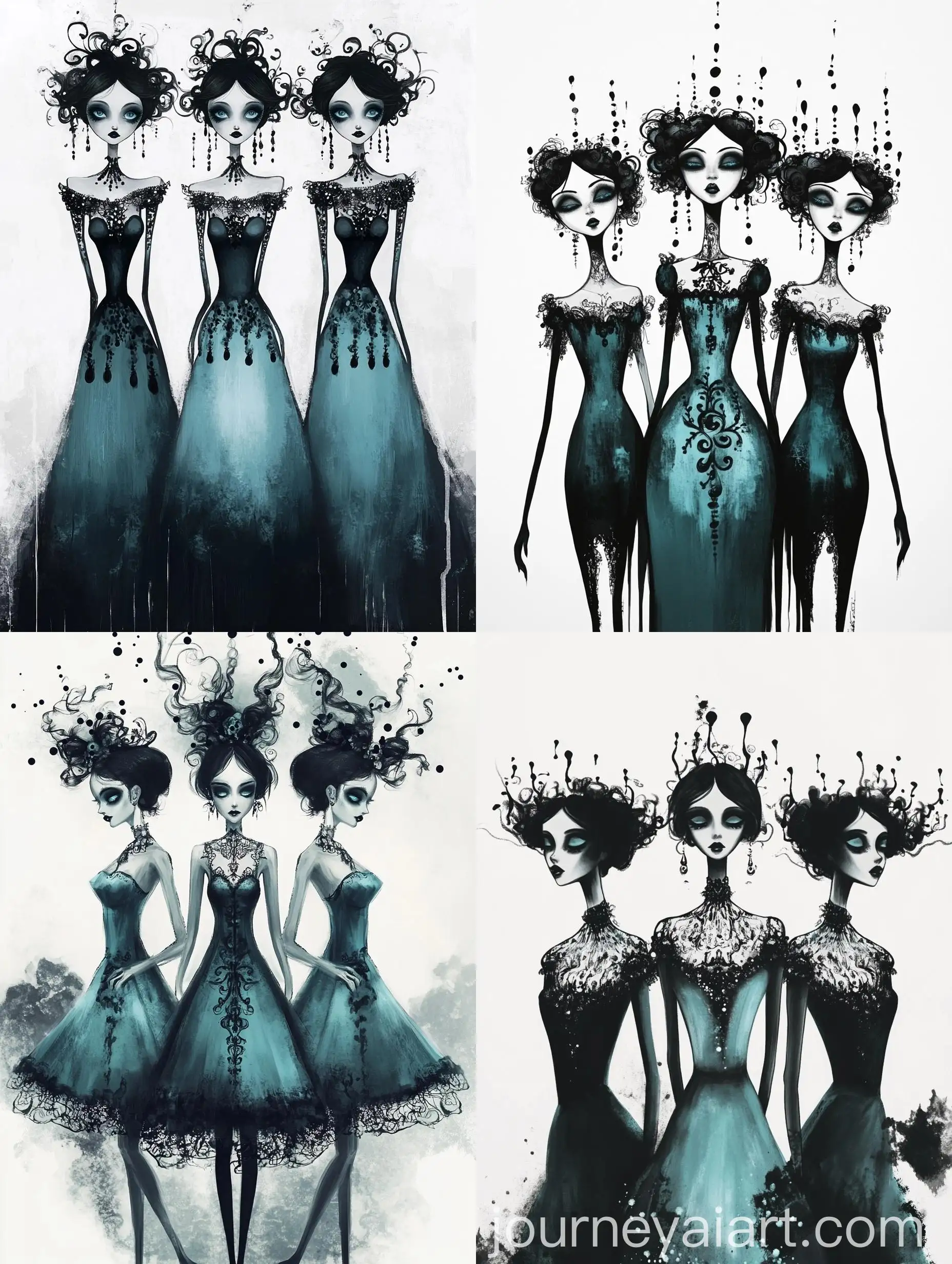 Artistic-Black-and-White-Portrait-with-Ink-Flowing-Dresses-and-Curly-Hair