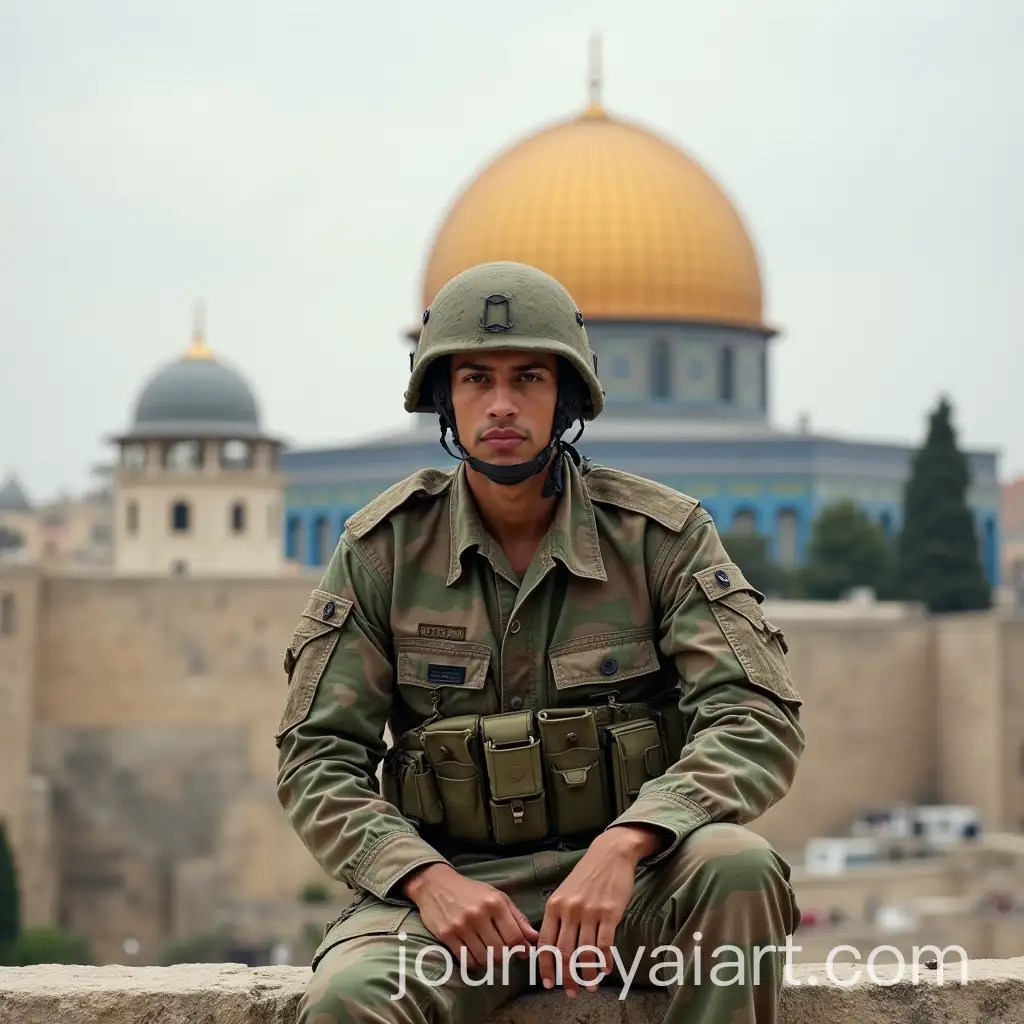 Soldier-in-Camouflage-Shirt-Sitting-in-Front-of-Dome-of-the-Rock-in-Palestine