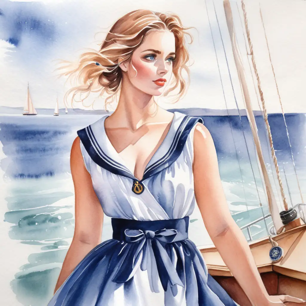 Watercolor Portrait of a Beautiful Woman in Sailor Dress