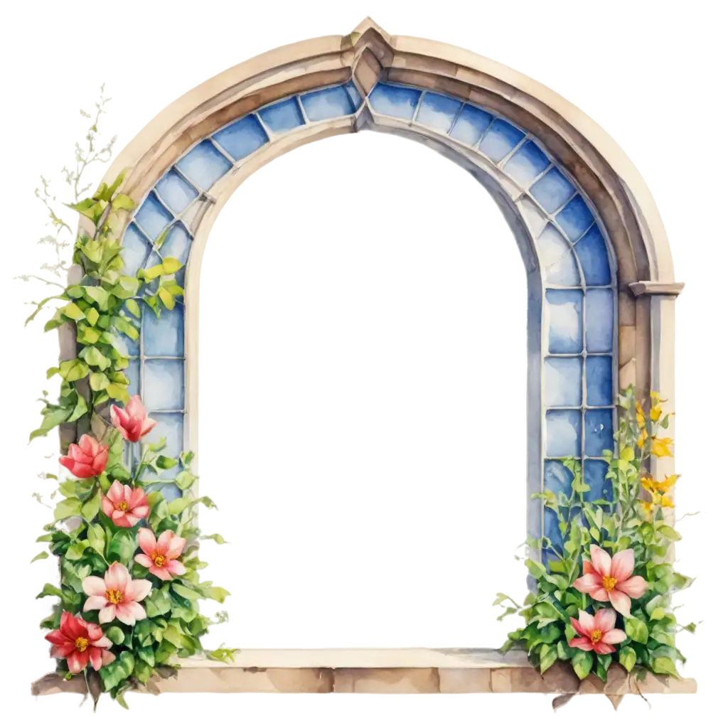 Castle-Window-with-Flowers-Watercolor-Drawing-PNG-Elegant-and-Transparent-Design