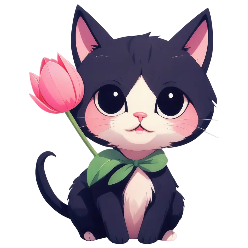 Anime-Style-Head-Cat-Holding-Pink-Tulip-PNG-HighQuality-Transparent-Image-for-Creative-Use