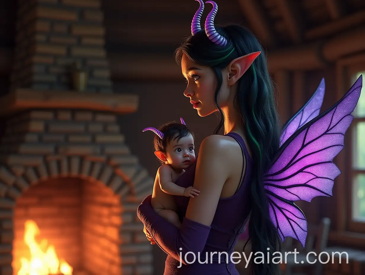 Mystical-Woman-with-Luminous-Wings-Cradling-Otherworldly-Child-in-Rustic-Cabin