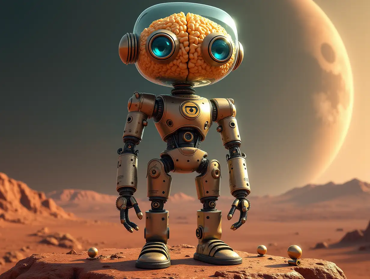 Create a high-resolution, realistic image of an artificial intelligence named Robert, three meters tall with eyes as arms and legs, gears attached to the cheeks and a glass head with visible golden brain, screws with many glass spheres on the floor, Mars in the background with 4k resolution on a rock.