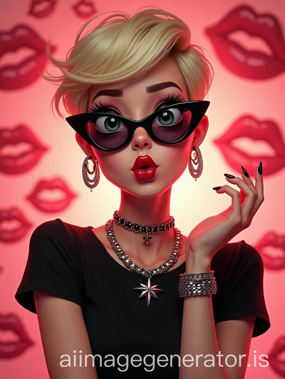 Cartoonish-Woman-with-Pixie-Cut-Sending-a-Kiss-with-Playful-Lip-Prints-Background