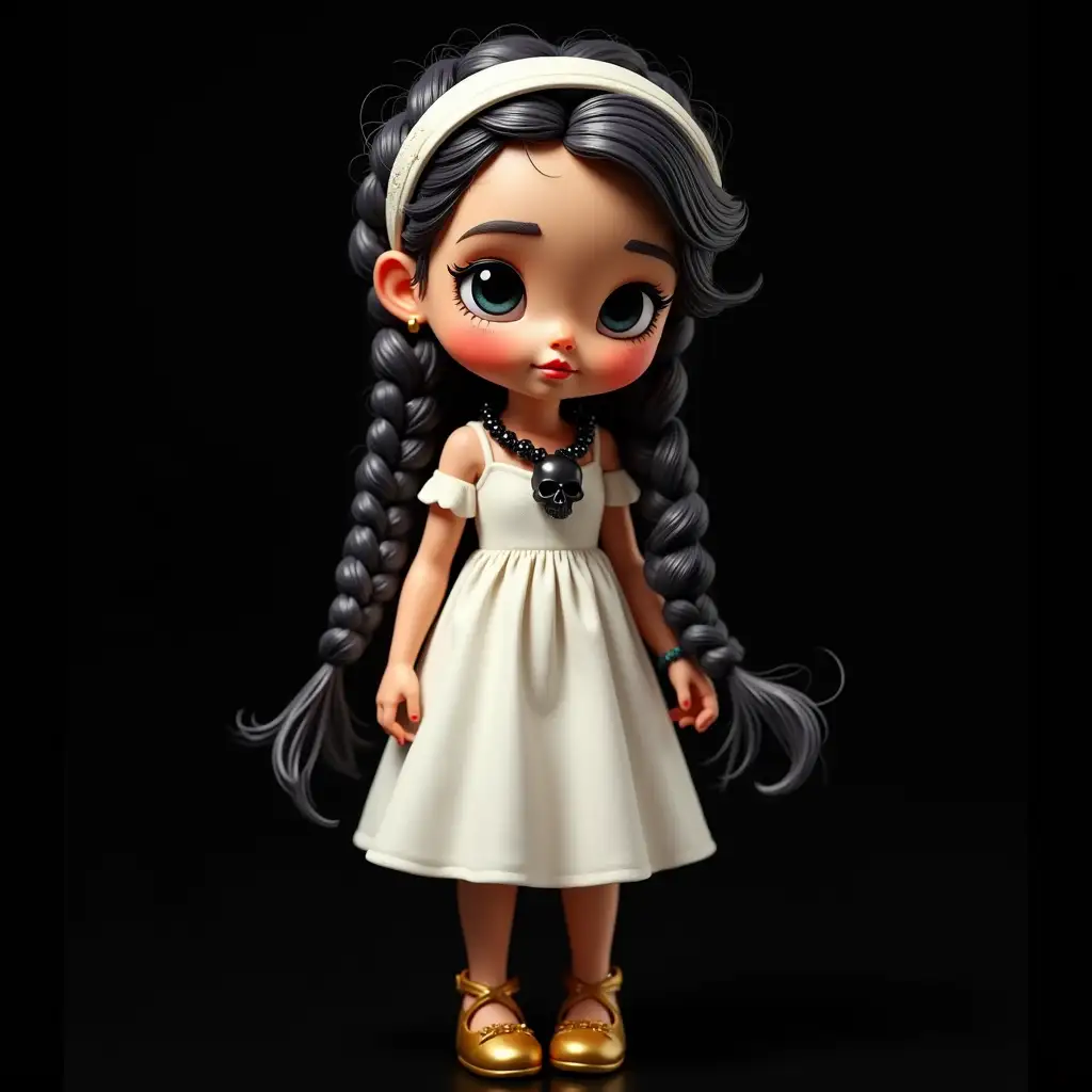 user_prompt: Princess with mixed black and white braids, white hairband. White dress, freckles, necklace made of black skulls, golden shoes on a black background portrait 75mm