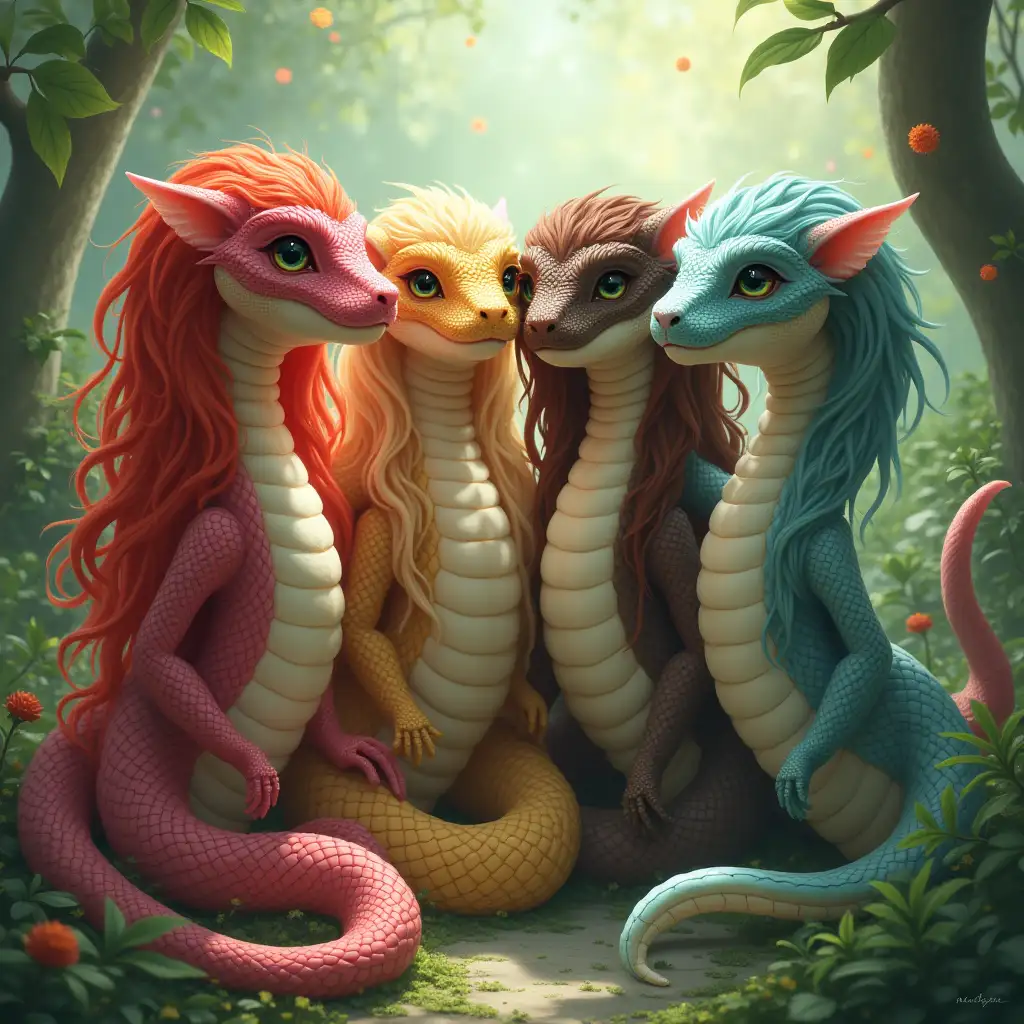 Four-Humanoid-Snakes-with-Unique-Hair-Colors-in-Mystical-Landscape