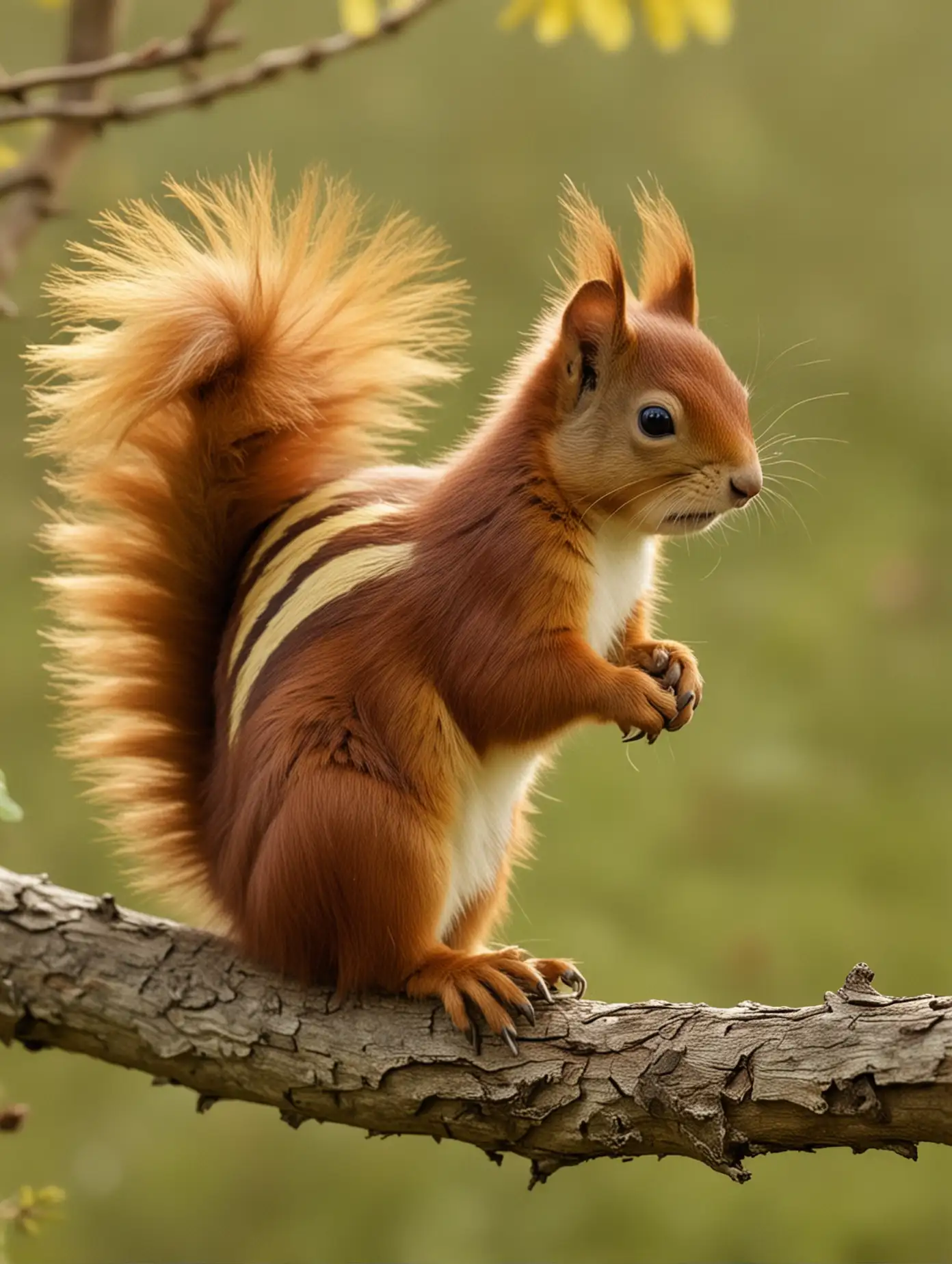 1800s Pioneer Territory Striped Red Squirrel on Tree Branch in Yellow Field