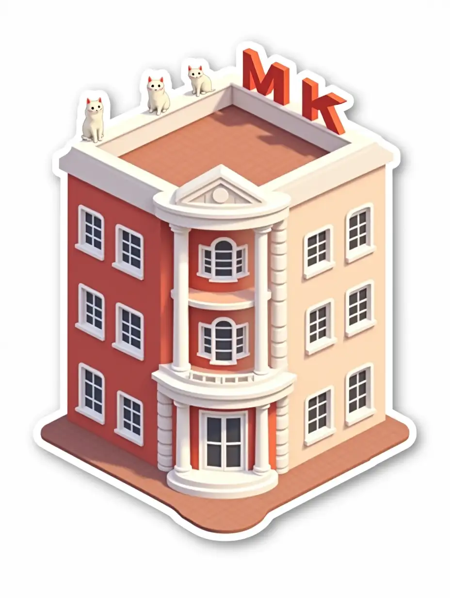 cutout isometric vector sticker: view of the long 3-storey building from the corner, the ground floor is completely red-brown in color with white windows and a white glass door in the center of the frame. In the center, above the door of the first floor, there are two white columns two stories high, the upper two floors are light peach-colored with white, the corner of the building is rounded and decorated with a colonnade resting on the first floor and supporting the roof top. at the very top of the corner of the building are red letters forming the word MARK. There are white little anime white cats next to the buildings in the image of business people. Sticker design - top view, blank background, high resolution, vector graphics, white background, paint anime style.