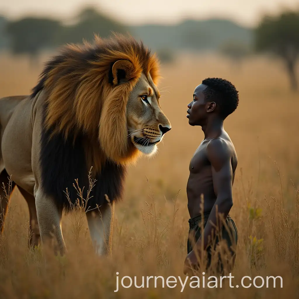Lion-Facing-Young-Man-in-the-African-Bush-with-Fearful-Expression