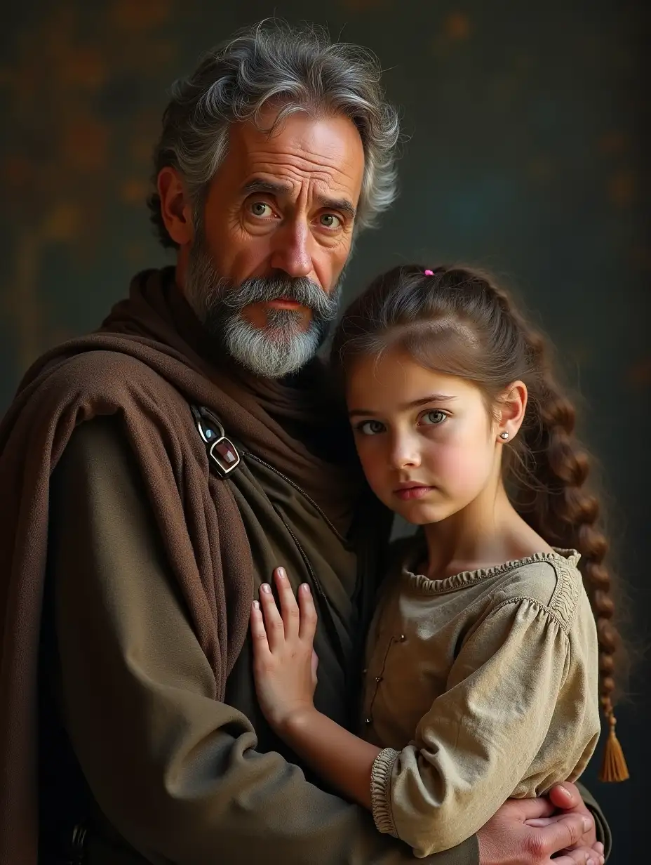 A 54 year old 7th century man with his sad 9 year old daughter